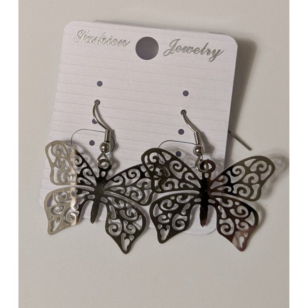 Dangle Earrings Silver-Tone Metal Butterfly Cut Out